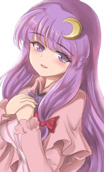Rule 34 | 1girl, blush, bow, bowtie, capelet, collar, commentary request, crescent, crescent hair ornament, hair bow, hair ornament, hands on own chest, highres, long hair, long sleeves, looking at viewer, namiki (remiter00), no headwear, open mouth, partial commentary, patchouli knowledge, purple bow, purple bowtie, purple eyes, purple hair, red bow, simple background, smile, solo, touhou, upper body, very long hair, white background