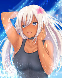 Rule 34 | 1girl, absurdres, aged up, armpit crease, bare shoulders, blue eyes, blush, breasts, choker, collarbone, flower, hair flower, hair ornament, highres, houki (tonburi), kantai collection, large breasts, long hair, one-piece swimsuit, platinum blonde hair, ro-500 (kancolle), solo, swimsuit, tan, tongue, tongue out