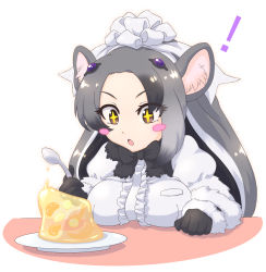 Rule 34 | + +, 1girl, animal ears, anteater ears, arm rest, black hair, blouse, blush stickers, bow, bowtie, breast rest, breasts, brown eyes, eyes visible through hair, food, fur collar, fur trim, gelatin, giant anteater (kemono friends), gloves, grey hair, hair ornament, hand up, highres, holding, holding spoon, kemono friends, long hair, long sleeves, looking at object, mikan toshi, multicolored hair, open mouth, shirt, solo, spoon, symbol-shaped pupils, upper body, very long hair, white hair