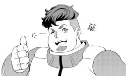 Rule 34 | 1boy, ;d, dated, eyelashes, facial hair, fat, fat man, greyscale, gundam, gundam suisei no majo, highres, kenanji avery, male focus, monochrome, one eye closed, open mouth, pilot suit, screentones, simple background, smile, sn8tbt, thumbs up, undercut, upper body, white background