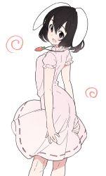 Rule 34 | 1girl, animal ears, black eyes, black hair, carrot, carrot necklace, cowboy shot, dress, floppy ears, frilled dress, frilled sleeves, frills, highres, inaba tewi, jewelry, kt kkz, looking at viewer, looking back, necklace, one-hour drawing challenge, open mouth, pendant, pink dress, puffy short sleeves, puffy sleeves, rabbit ears, ribbon-trimmed dress, short hair, short sleeves, touhou, wavy hair, white background