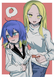 Rule 34 | 2boys, absurdres, androgynous, atouda ako (character), blonde hair, blue eyes, blue pants, blush, border, bright pupils, commentary request, cookie (touhou), food, fruit, gradient hair, hair between eyes, hakonnbo, highres, long hair, looking at viewer, looking to the side, male focus, medium hair, multicolored hair, multiple boys, open mouth, pants, pink background, purple hair, school uniform, serafuku, shiriri (cookie), shirt, simple background, spoken food, strawberry, tag, turtleneck, upper body, white border, white pupils, white shirt