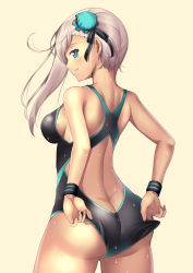 Rule 34 | 1girl, adjusting clothes, adjusting swimsuit, ass, back, bad id, bad pixiv id, beige background, black one-piece swimsuit, blue eyes, breasts, bun cover, butt crack, closed mouth, competition swimsuit, cowboy shot, fate/grand order, fate (series), from behind, hair bun, highleg, highleg swimsuit, highres, large breasts, long hair, looking back, mishiro (ixtlolton), miyamoto musashi (fate), miyamoto musashi (fate/grand order), miyamoto musashi (swimsuit berserker) (fate), miyamoto musashi (swimsuit berserker) (first ascension) (fate), one-piece swimsuit, pink hair, simple background, single hair bun, solo, sweat, swept bangs, swimsuit