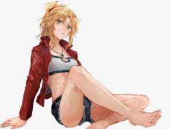 Rule 34 | 1girl, bandeau, bare legs, barefoot, belt, blonde hair, denim, fate/apocrypha, fate/grand order, fate (series), feet, green eyes, highres, jacket, jewelry, kouzuki kei, long hair, looking at viewer, midriff, mordred (fate), mordred (fate/apocrypha), mordred (memories at trifas) (fate), necklace, red jacket, short shorts, shorts, simple background, solo