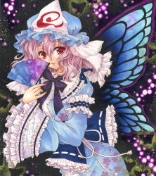 Rule 34 | 1girl, aoi yuuka (ao no kokoro), breasts, bug, butterfly, butterfly wings, colored pencil (medium), dress, female focus, folding fan, hand fan, hat, insect, insect wings, lips, open mouth, pink hair, red eyes, ribbon, saigyouji yuyuko, short hair, smile, solo, touhou, traditional media, triangular headpiece, veil, wings