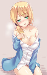 Rule 34 | 1girl, :o, absurdres, bare shoulders, beige background, between legs, blue jacket, blush, breasts, buttons, cleavage, collarbone, collared shirt, ellen baker, eyebrows, frown, green eyes, hair ornament, hair scrunchie, hand between legs, hand on own chest, head tilt, highres, jacket, large breasts, long sleeves, looking at viewer, milkshakework, new horizon, no pants, nose blush, ponytail, scrunchie, shiny skin, shirt, simple background, solo, tareme, text focus, translation request, wavy mouth, white shirt