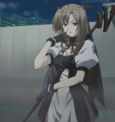 Rule 34 | 1girl, breasts, brown hair, cleavage, dress, female focus, gloves, gothic fashion, outdoors, scythe, sekirei, sky, smile, solo, yomi (sekirei)