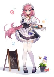 Rule 34 | 1girl, :d, absurdres, alternate costume, apron, black footwear, blue eyes, bow, breasts, cake, cake slice, character name, cleavage, dress, elf, elysia (honkai impact), elysia (miss pink elf) (honkai impact), enmaided, flower, food, frilled dress, frills, full body, gloves, guzangnanfeng, highres, holding, holding tray, honkai (series), honkai impact 3rd, long hair, looking at viewer, maid, maid apron, maid headdress, medium breasts, menu board, open mouth, pink bow, pink hair, plant, pointy ears, ponytail, potted plant, shadow, shoes, short sleeves, simple background, smile, solo, standing, tachi-e, thighhighs, tray, white background, white flower, white gloves, white thighhighs