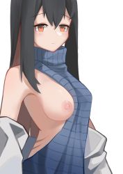 Rule 34 | 1girl, arknights, backless dress, backless outfit, black hair, blue one-piece swimsuit, blush, breasts, clothes pull, dress, hair between eyes, halterneck, jacket, jacket pull, large breasts, leiroken, looking at viewer, meme attire, nipples, off-shoulder jacket, off shoulder, one-piece swimsuit, one breast out, open clothes, open jacket, orange eyes, ribbed sweater, simple background, solo, sweater, swimsuit, texas (arknights), turtleneck, turtleneck sweater, upper body, virgin killer sweater, white background, white jacket