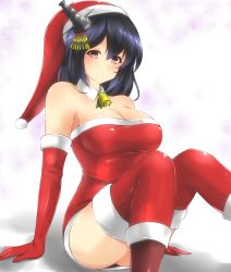 Rule 34 | 10s, 1girl, bare shoulders, black hair, blush, boots, breasts, christmas, cleavage, detached collar, dress, elbow gloves, en (paorasuteki), female focus, fur trim, gloves, hair ornament, hat, kantai collection, large breasts, looking at viewer, red dress, red eyes, red gloves, red thighhighs, santa costume, santa hat, short dress, short hair, sitting, smile, solo, strapless, strapless dress, thighhighs, yamashiro (kancolle)