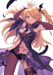 Rule 34 | 1girl, bare shoulders, black gloves, black nails, black ribbon, black thighhighs, blonde hair, blush, bodystocking, bodysuit, bow, bowtie, breasts, ccakira000, chuunibyou, closed mouth, commentary request, cowboy shot, dress, eyepatch, feathers, fischl (genshin impact), fishnet bodysuit, fishnets, garter straps, genshin impact, gloves, green eyes, hair bow, hair ornament, hair over one eye, hair ribbon, hand on own chest, hand up, highres, long hair, long sleeves, looking at viewer, nail polish, purple bow, ribbon, showgirl skirt, simple background, single glove, single thighhigh, small breasts, smile, solo, thighhighs, two side up, white background