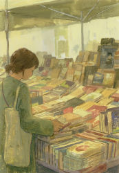 Rule 34 | 1girl, bag, book, book stack, bookstore, brown hair, green jacket, jacket, long sleeves, original, shop, shopping bag, standing, yeyuan33