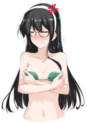 Rule 34 | 1girl, anger vein, black hair, blush, breasts, cleavage, collarbone, commentary request, covering privates, covering breasts, embarrassed, closed eyes, frown, full-face blush, glasses, hair between eyes, hairband, kantai collection, leaf bra, long hair, medium breasts, mikage takashi, navel, nude, ooyodo (kancolle), semi-rimless eyewear, simple background, single sidelock, solo, trembling, under-rim eyewear, wavy mouth, white background, white hairband
