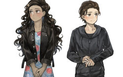 Rule 34 | 1boy, 1girl, black jacket, black shirt, blush, braid, brown eyes, brown hair, closed mouth, collarbone, collared jacket, curly hair, drawstring, earrings, floral print, hair pulled back, hood, hood down, hooded jacket, ivy60530, jacket, jewelry, long hair, long sleeves, looking to the side, marvel, marvel cinematic universe, michelle &quot;mj&quot; jones, open clothes, open jacket, own hands together, peter parker, shirt, spider-man (series), upper body, white background, zipper, zipper pull tab