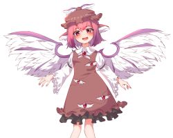Rule 34 | 1girl, :d, animal ears, bird ears, bird wings, blush, brown dress, dress, earrings, feathered wings, feet out of frame, fingernails, frilled sleeves, frills, gumi 9357, hat, head tilt, highres, jewelry, long fingernails, long sleeves, looking at viewer, mob cap, mystia lorelei, open mouth, pink hair, sharp fingernails, short hair, simple background, single earring, smile, solo, touhou, upper body, white background, wide sleeves, wings