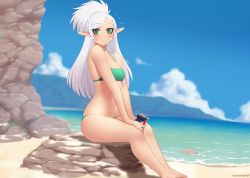 Rule 34 | 1girl, artist name, bare legs, bare shoulders, barefoot, beach, bikini, blue sky, blush, braid, can, cloud, commentary, commission, day, english commentary, eyes visible through hair, green bikini, green eyes, high ponytail, holding, holding can, kuroonehalf, long hair, looking at viewer, making-of available, navel, original, pointy ears, rock, sitting, skindentation, sky, solo, swimsuit, water, white hair
