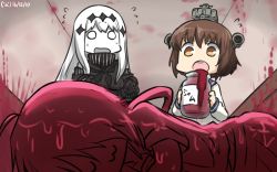 Rule 34 | 10s, 3girls, :3, abyssal ship, aircraft carrier water oni, black gloves, brown hair, commentary, dated, flying sweatdrops, gloves, hair ornament, hallway, hamu koutarou, headgear, highres, jam, jar, kako (kancolle), kantai collection, long hair, multiple girls, neckerchief, open mouth, sleeping, solid circle eyes, teruyof, turtleneck, white hair, yukikaze (kancolle)