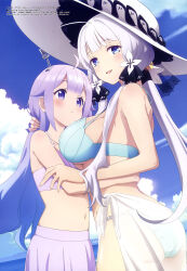 Rule 34 | 2girls, absurdres, ahoge, ass, azur lane, bikini, breasts, cloud, cloudy sky, hat, highres, hug, illustrious (azur lane), large breasts, long hair, looking at viewer, magazine scan, megami magazine, midriff, multiple girls, navel, official art, outdoors, purple hair, sarong, scan, sideboob, sky, small breasts, smile, swimsuit, thighs, underboob, unicorn (azur lane)