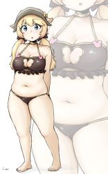 Rule 34 | 1girl, animal ears, arms behind back, bikini, blonde hair, blue eyes, blush, breasts, brown bikini, cleavage, cleavage cutout, clothing cutout, commentary request, dot nose, frills, full body, hair ornament, hat, head tilt, highres, king&#039;s raid, long hair, looking at viewer, low-tied long hair, medium breasts, multiple views, navel, parted lips, rodina (king&#039;s raid), shadow, shigekikkusu, signature, standing, string bikini, swimsuit, tareme, thick thighs, thighs, twintails