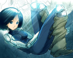 Rule 34 | 1990s (style), 1girl, alita, armor, battle angel alita, black hair, blue eyes, closed mouth, expressionless, full body, kneepits, light rays, machinery, mechanical arms, prosthesis, prosthetic arm, retro artstyle, shopyun, short hair, single mechanical arm, sitting, sketch, solo, sunlight