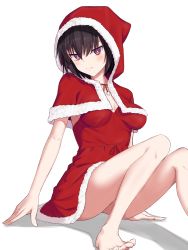 Rule 34 | 1girl, ass, bare legs, barefoot, black hair, breasts, collarbone, commentary request, dress, elfenlied22, fate/grand order, fate (series), fur trim, hat, highres, medium breasts, ortlinde (fate), red dress, red headwear, santa dress, santa hat, short hair, simple background, valkyrie (fate), white background