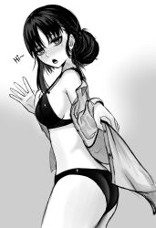 Rule 34 | 1girl, absurdres, ass, black hair, blush, breasts, from side, highres, horikita suzune, looking at viewer, medium breasts, monochrome, open clothes, open mouth, shirt, sideboob, solo, solo focus, standing, underwear, waving, youkoso jitsuryoku shijou shugi no kyoushitsu e