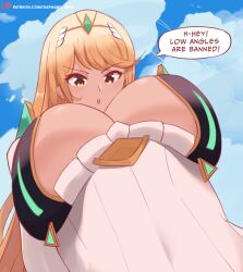 Rule 34 | 1girl, absurdres, armor, bare shoulders, blonde hair, breasts, cleavage, cleavage cutout, clothing cutout, dayman, dress, elbow gloves, english text, from below, gem, gloves, hair ornament, half body, headpiece, highres, jewelry, large breasts, long hair, looking at viewer, mythra (xenoblade), open mouth, shoulder armor, solo, standing, tiara, upper body, very long hair, white dress, xenoblade chronicles (series), xenoblade chronicles 2, yellow eyes