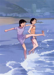 Rule 34 | 2girls, barefoot, beach, feet, flat chest, highres, kicking, multiple girls, ocean, takamichi, water