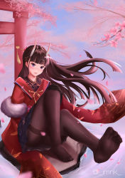 Rule 34 | 1girl, absurdres, architecture, artist name, azur lane, black gloves, black hair, black pantyhose, blush, cherry blossoms, east asian architecture, fur, gloves, hand on own knee, highres, horns, iamnk, japanese clothes, long hair, looking at viewer, no shoes, noshiro (azur lane), noshiro (uncharted festival grounds?) (azur lane), official alternate costume, pantyhose, petals, purple eyes, sitting, soles, solo, thighs, water