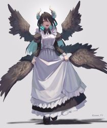 Rule 34 | 1girl, apron, black dress, black footwear, black hair, blue hair, dress, fangs, feathered wings, frilled apron, frilled dress, frills, full body, grey background, hair intakes, highres, horns, looking at viewer, maid, maid apron, maid day, monster girl, multicolored hair, multiple wings, neck ribbon, open mouth, original, puffy sleeves, ribbon, shadow, shoes, simple background, skirt hold, solo, sooon, standing, twitter username, two-tone hair, white ribbon, wings, yellow eyes