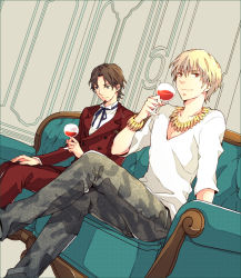 Rule 34 | 2boys, alcohol, askr (mymy), bad id, bad pixiv id, blue eyes, bracelet, brown hair, cup, drinking glass, facial hair, fate/zero, fate (series), formal, gilgamesh (fate), goatee, highres, jewelry, male focus, multiple boys, necklace, official alternate costume, snakeskin print, suit, tohsaka tokiomi, wine, wine glass