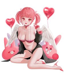 Rule 34 | 1girl, :d, absurdres, angel wings, bad id, bad twitter id, balloon, bare legs, bare shoulders, black jacket, black shorts, bra, breasts, choker, cleavage, fang, feathered wings, heart, heart balloon, high heels, highres, holding, jacket, large breasts, long hair, looking at viewer, micro shorts, myabit, navel, off shoulder, open clothes, open fly, open jacket, open mouth, original, panties, pink bra, pink hair, pink theme, red choker, red eyes, red footwear, shorts, simple background, sitting, skindentation, smile, solo, spaghetti strap, stomach, striped clothes, striped panties, stuffed animal, stuffed rabbit, stuffed toy, thighs, twintails, underwear, white background, wings, yokozuwari