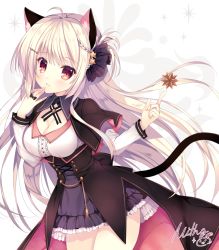 Rule 34 | 1girl, ahoge, animal ear fluff, animal ears, black capelet, black ribbon, black skirt, blush, braid, breasts, brown eyes, capelet, cat ears, center frills, cleavage, commentary request, dress shirt, frilled skirt, frills, hair ribbon, hands up, index finger raised, large breasts, long hair, looking at viewer, mitha, multicolored capelet, original, parted lips, pink capelet, ribbon, shirt, signature, silver hair, skirt, solo, star (symbol), very long hair, white shirt