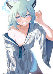 Rule 34 | 1girl, absurdres, animal ears, armpit crease, blue archive, blue eyes, blush, breasts, collarbone, gradient eyes, grey kimono, grin, hair between eyes, halo, highres, japanese clothes, kimono, leaning forward, light green hair, long sleeves, looking at viewer, multicolored eyes, off shoulder, purple eyes, scio 12, shigure (blue archive), shigure (hot spring) (blue archive), short hair, simple background, small breasts, smile, solo, tail, teeth, twitter username, weasel ears, weasel girl, weasel tail, white background, wide sleeves, yukata