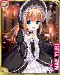 Rule 34 | 1girl, :d, black bow, black dress, blue eyes, bow, brown hair, character name, dress, girlfriend (kari), gothic lolita, hairband, lolita fashion, lolita hairband, long hair, mansion, night, official art, open mouth, own hands together, qp:flapper, ribbon, smile, solo, standing, two side up, yuuki nae