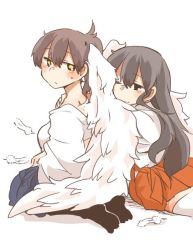 Rule 34 | 10s, 2girls, akagi (kancolle), angel wings, bad id, bad twitter id, black eyes, black hair, blush, brown hair, feathered wings, feathers, kaga (kancolle), kantai collection, leaning on person, long hair, multiple girls, one eye closed, rebecca (keinelove), short hair, side ponytail, sitting, smile, sweat, white wings, wings