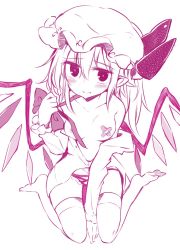 Rule 34 | 1girl, bandaid, bandaids on nipples, bare shoulders, blush, bow, collarbone, commentary request, fang, fang out, flandre scarlet, hair between eyes, hat, hat bow, head tilt, highres, holding, holding ribbon, long sleeves, looking at viewer, maturiuta sorato, mob cap, monochrome, no shoes, off shoulder, pasties, pointy ears, ribbon, shirt, short hair, side ponytail, simple background, sitting, solo, thighhighs, thighs, touhou, wariza, white background, wings