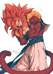 Rule 34 | 1boy, absurdres, artist name, baggy pants, biceps, black nails, black vest, black wristband, blue eyes, blue sash, body fur, cowboy shot, crossed arms, dragon ball, dragon ball gt, fingernails, gogeta, highres, leaning to the side, long hair, looking at viewer, male focus, metamoran vest, monkey tail, muscular, muscular male, nail polish, open clothes, open vest, pants, parted lips, pectorals, red fur, red hair, relio db318, sash, simple background, smile, solo, spiked hair, standing, super saiyan, super saiyan 4, tail, twitter username, v-shaped eyebrows, vest, white background, white pants, wristband