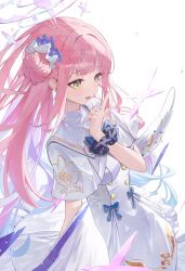 Rule 34 | 1girl, achib, angel wings, blue archive, blush, capelet, feathered wings, finger to mouth, hair bun, hair ornament, halo, highres, long hair, mika (blue archive), pink hair, pink halo, single side bun, solo, white capelet, white wings, wing ornament, wings, yellow eyes