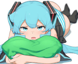 Rule 34 | 1girl, abmayo, absurdres, arm tattoo, ass, bare shoulders, black thighhighs, blush, commentary request, detached sleeves, green eyes, green hair, hair ornament, hatsune miku, highres, long hair, looking at viewer, no shoes, open mouth, panties, pillow, pleated skirt, skirt, solo, striped clothes, striped panties, sweatdrop, tattoo, thighhighs, twintails, underwear, very long hair, vocaloid, wedgie, white background