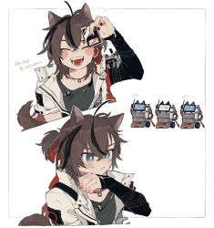 Rule 34 | 1boy, :&gt;, animal ears, arknights, black hair, black nails, blue eyes, blush, border, bright pupils, brown hair, cat boy, cat ears, cat tail, commentary request, cropped torso, dirty, dirty face, grey shirt, highres, holding, id card, jacket, jewelry, looking at viewer, looking to the side, male focus, multicolored hair, multiple views, nail polish, necklace, open clothes, open jacket, open mouth, red hair, remu (kudarizaka 25), robot, shirt, short ponytail, simple background, smile, stainless (arknights), streaked hair, tail, translation request, upper body, white background, white jacket, white pupils, wrench