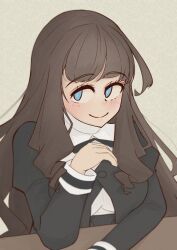 Rule 34 | 1girl, arm on table, assault lily, black skirt, blue eyes, blurry, breasts, bright pupils, brown hair, buttons, closed mouth, commentary, cropped jacket, depth of field, elbow on table, grey background, hands up, high-waist skirt, highres, juliet sleeves, kaede johan nouvel, large breasts, light blush, long hair, long sleeves, looking at viewer, meme (lm0009aetklim), neck ribbon, puffy sleeves, ribbon, school uniform, shirt, sidelocks, skirt, smile, solo, table, upper body, very long hair, wavy hair, white pupils, white shirt, yurigaoka girls academy school uniform