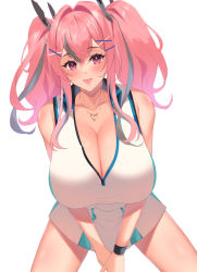 Rule 34 | 1girl, :p, asm ln, azur lane, bare shoulders, black hair, breasts, bremerton (azur lane), bremerton (scorching-hot training) (azur lane), cleavage, crop top, crop top overhang, hair ornament, heart, heart necklace, highres, huge breasts, long hair, looking at viewer, mole, mole on breast, mole under eye, multicolored hair, necklace, official alternate costume, pink eyes, pink hair, shirt, simple background, sleeveless, sleeveless shirt, solo, sportswear, streaked hair, tennis, tennis uniform, tongue, tongue out, twintails, two-tone hair, two-tone shirt, two-tone skirt, white background, x hair ornament