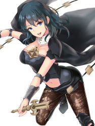 Rule 34 | 1girl, :d, armor, ass, black armor, black cape, black footwear, black shirt, black shorts, blue eyes, blue hair, boots, breasts, brown pantyhose, byleth (female) (fire emblem), byleth (fire emblem), cape, cleavage, clothing cutout, collarbone, commentary request, crop top, emblem, fire emblem, fire emblem: three houses, hair between eyes, highres, holding, holding sword, holding weapon, knee boots, knee pads, large breasts, looking at viewer, medium hair, motion blur, navel, navel cutout, nintendo, open mouth, pantyhose, pantyhose under shorts, patterned clothing, sail (sail-away), shirt, short shorts, shorts, shoulder armor, sidelocks, simple background, single knee pad, smile, solo, standing, standing on one leg, sword, sword of the creator, taut clothes, taut shirt, teeth, upper teeth only, vambraces, weapon, white background