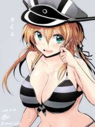 Rule 34 | 10s, 1girl, bikini, blonde hair, breasts, cleavage, female focus, gin&#039;ichi (akacia), hat, kantai collection, large breasts, long hair, open mouth, prinz eugen (kancolle), simple background, solo, striped bikini, striped clothes, swimsuit, twintails