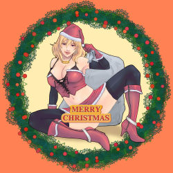 Rule 34 | :q, alva, bad id, bad pixiv id, blonde hair, boots, breasts, christmas, cleavage, hat, highres, large breasts, midriff, purple eyes, santa costume, santa hat, thighhighs, tongue, tongue out, zipper