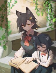 Rule 34 | 1boy, 1girl, animal ear fluff, animal ears, arknights, black hair, black pants, black skirt, black tail, black vest, book, book on lap, bow, bowtie, buttons, chinese commentary, closed eyes, closed mouth, collared shirt, commentary request, cowboy shot, hair between eyes, hair ornament, highres, long skirt, long sleeves, looking at another, mole, mole above eye, mole on forehead, open book, pants, penance (arknights), plant, pleated skirt, puffy long sleeves, puffy sleeves, red bow, red bowtie, shirt, short hair, signature, sitting, skirt, sleepy, smile, sunlight, suspenders, tail, vest, vigil (arknights), vines, white shirt, xuanxiaoqingtamia, yellow eyes