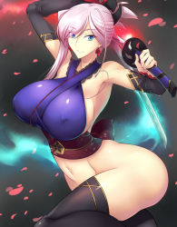 Rule 34 | 1girl, breasts, fate/grand order, fate (series), haganef, highres, huge breasts, miyamoto musashi (fate), pink hair, ponytail, sword, weapon