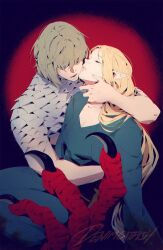 Rule 34 | 2girls, blonde hair, blue dress, breasts, brown hair, chimera, chromatic aberration, claws, cleavage, closed eyes, commentary, denimcatfish, dress, dungeon meshi, elf, falin touden, falin touden (chimera), feathers, hand on another&#039;s neck, highres, hug, long hair, marcille donato, monster girl, multiple girls, parted lips, pointy ears, short hair, small breasts, yuri