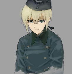 Rule 34 | 1girl, aqua eyes, arms at sides, black hat, black ribbon, blonde hair, breasts, buttons, closed mouth, coat, eyebrows, facing viewer, garrison cap, grey background, grey coat, hair between eyes, hair ribbon, hanna rudel, hat, long hair, long sleeves, looking at viewer, low ponytail, military, military uniform, ribbon, scar, scar on face, scar on nose, shiratama (hockey), sidelocks, simple background, small breasts, smile, solo, straight hair, strike witches: suomus misfits squadron, tsurime, uniform, upper body, world witches series